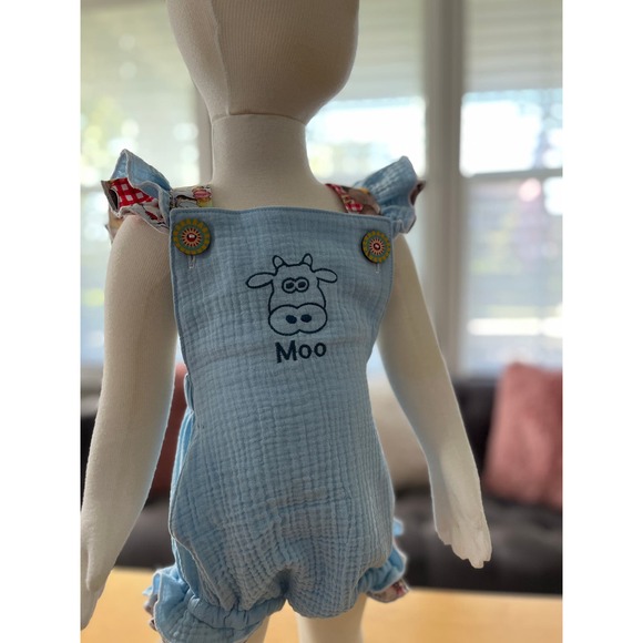 Baby Blue Baby Romper Linen Romper Toddler Bubble Romper with ruffles size 12mo - Picture 7 of 9